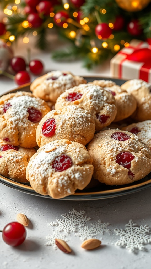 A plate of cherry almond cookies dusted with powdered sugar, decorated for Christmas.
